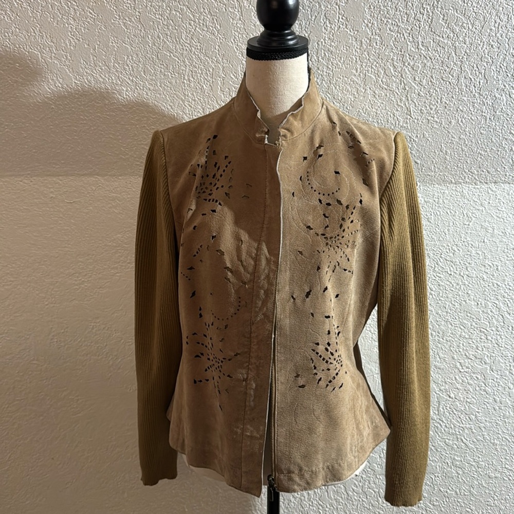 Coldwqter creek women’s leather brown jacket size medium with polyester sleeves - Picture 1 of 6